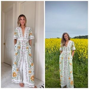 FARM Rio Folk Floral Linen Blend Short Sleeve Wide Leg Jumpsuit XL FLAWED